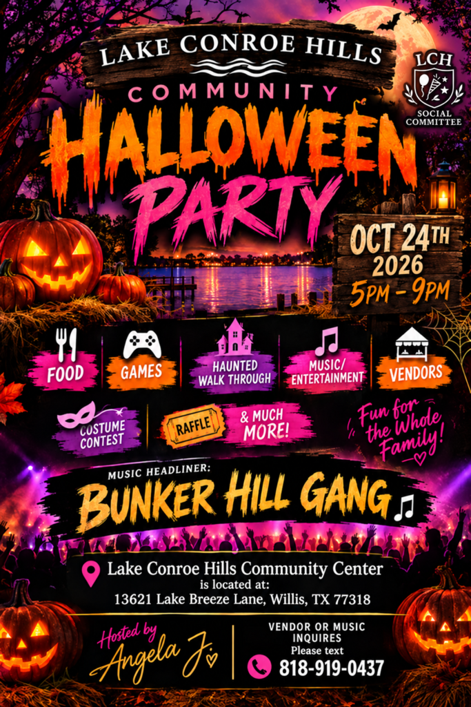 Lake Conroe Hills Community Halloween Party flyer – Saturday, October 24, 2026, 5–9 PM at the LCH Community Center
