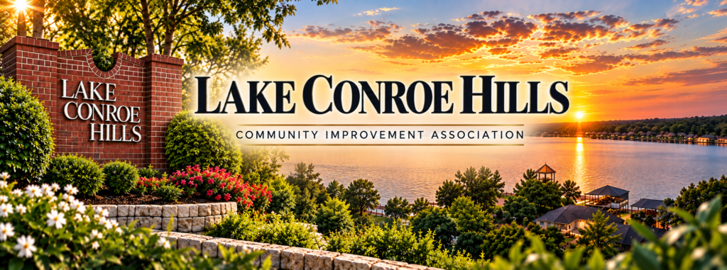 Lake Conroe Hills Community Improvement Association – entrance sign and lake at sunset