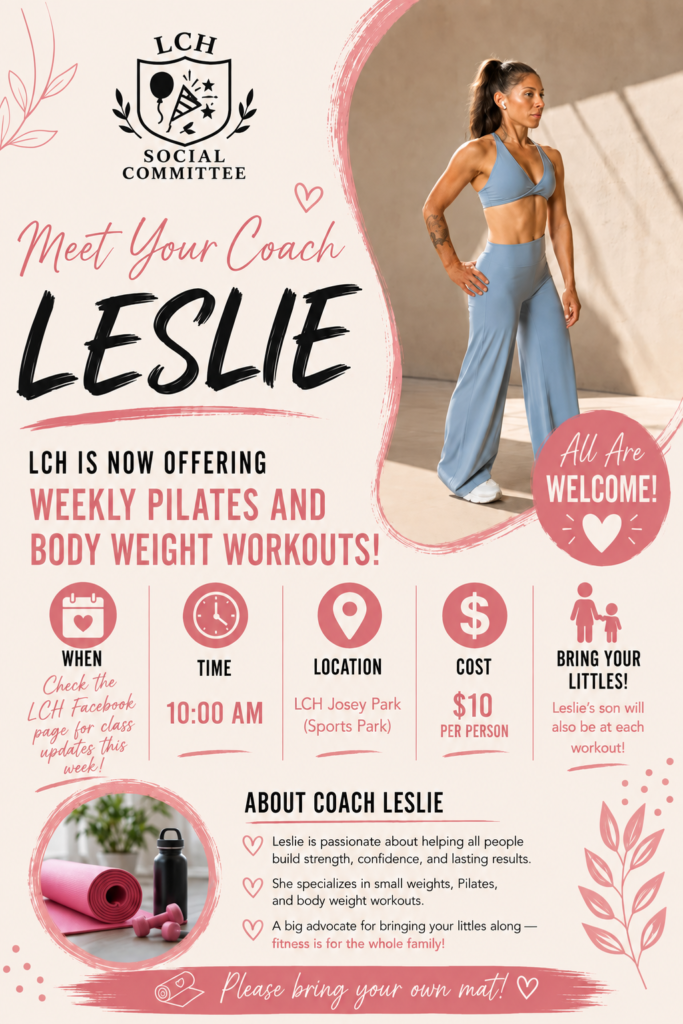 Meet Your Coach Leslie – weekly Pilates and body weight workouts, 10:00 AM at LCH Josey Park,  per person