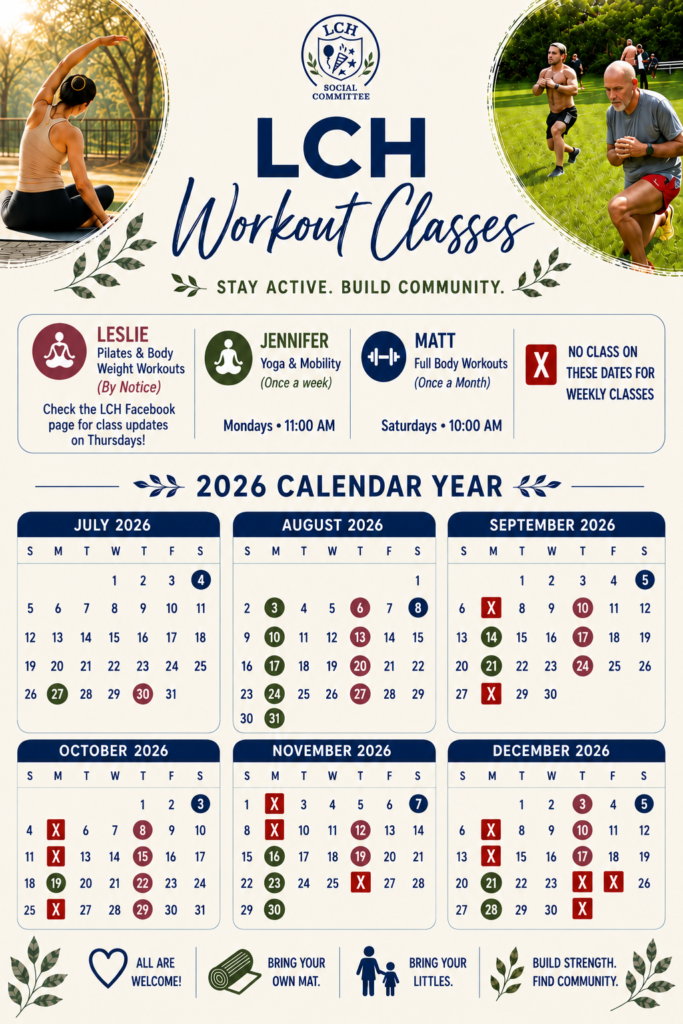 LCH Workout Classes 2026 calendar – July to December schedule with no-class dates