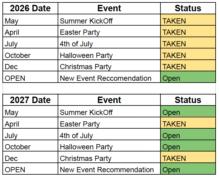 Social Committee event lead openings for 2026 and 2027